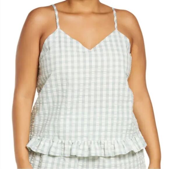 Open Edit Seersucker Pajama Top‎ in Teal Mist Gingham Size 3X - Picture 1 of 8
